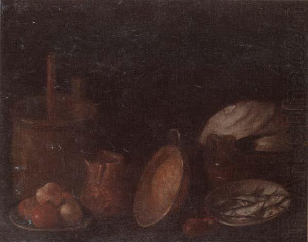 Still life of apples and herring in bowls,a beaten copper jar,a pan and other kitchen implements, unknow artist